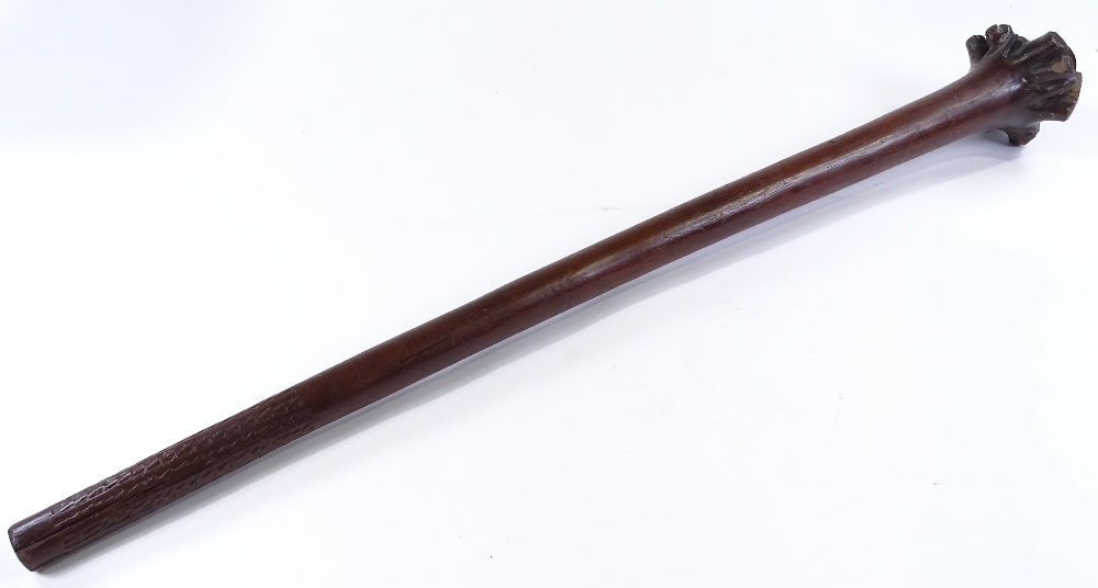 A Fiji hardwood Tribal war club, with chip carved handle and root wood head, length 100cm (3'3") - Image 2 of 3