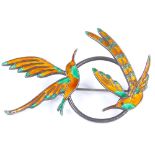 A Danish sterling silver and enamel bird brooch, with open work settings, maker's marks AD, length