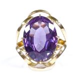 A large 14ct gold synthetic sapphire cocktail ring, setting height 24.6mm, size M, 7.8g