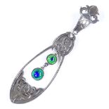 An Arts and Crafts sterling silver and enamel drop pendant, with stylised scroll work settings,