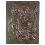 A relief moulded patinated bronze plaque, depicting Classical figures, unsigned, early to mid-20th