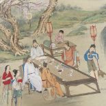 A Chinese painted scroll depicting a scholar painting in gardens, panel size 135cm x 69cm, purchased