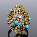 A large unmarked gold naturalistic turquoise and paste cocktail ring, setting height 27.2mm, size L,