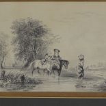 19th century Continental School, pencil drawing, the journey home, unsigned, 5.5" x 7.5". framed