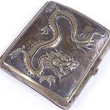 A Chinese silver curved cigarette case, with relief embossed dragon decoration and gilded