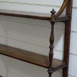 A 19th century mahogany wall hanging 3-tier open display shelf, with spindled columns, width 3'