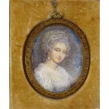 19th century miniature watercolour on ivory, portrait of a Gainsborough lady, unsigned, brass frame,