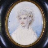 19th century miniature watercolour on ivory, head and shoulders portrait of a woman, unsigned, in