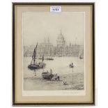 Rowland Langmaid, etching, St Paul's on The Thames, signed in pencil, plate size 11" x 8", framed