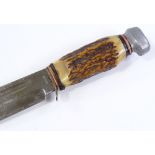 A mid-20th century hunting knife, blade stamped R Bayer Solingen, with horn-handle and leather