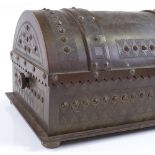 A heavy gauge patinated brass dome-top casket, early 20th century, with applied brass bosses and