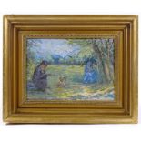 Wieslaw Pilawski ROI, mixed media oil / pastel on card, 2 figures beside a fire, 10" x 14", framed