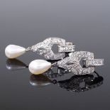 A pair of Art Deco 18ct white gold diamond and pearl drop earrings, height including drop 35.6mm,