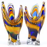 A pair of Murano free-form coloured glass vases, height 28cm