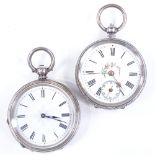 2 Continental silver cased open-face key-wind fob watches, with foliate engine turned cases, largest