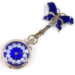 A 9ct gold cased Swiss open-face top-wind fob watch, with blue enamel dial and floral engraved case,