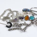 A group of silver jewellery, including a stone set bangle, a curb link chain etc