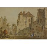 Early 19th century watercolour, figure outside castle ruins, unsigned
