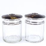 A pair of silver and tortoiseshell-topped glass dressing table jars, maker's marks TT, hallmarks