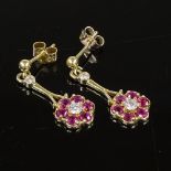 A pair of 18ct gold ruby and diamond cluster drop ear studs, drop height 21.9mm, 31.g