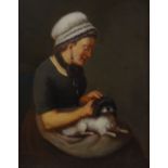 Oil on panel, circa 1900, woman with a dog, indistinctly signed, 13" x 9", framed