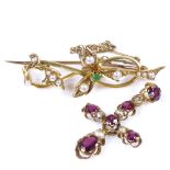 An Edwardian 15ct gold green garnet? and pearl floral bar brooch, together with an unmarked gold
