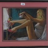 Peter Horie, coloured pastels, girl on a bed, 12" x 16", framed