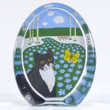 Iittala Finland, glass paperweight, with black cat design, by Martti Lehto, height 13cm