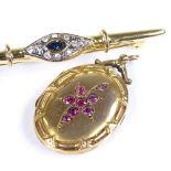 A 9ct gold back and front red stone set photo locket, together with a gilt-metal costume bar