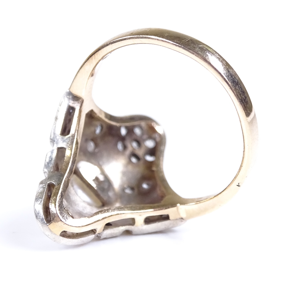 An unmarked gold pearl and rose diamond panel dress ring, panel height 24.5mm, size P, 4.7g - Image 3 of 4