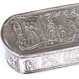 An oval Dutch silver box, with hinged lid and relief embossed Classical scenes, Dutch marks,