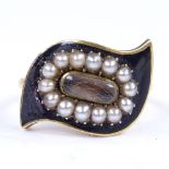 An unmarked gold pearl and black enamel mourning ring, with central hair panel under curved convex