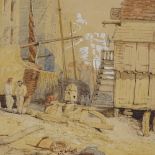 19th century English School, watercolour, the net huts Hastings, unsigned, 12" x 9", framed