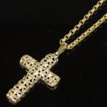 A 9ct gold cross pendant on 9ct belcher link chain, pendant height excluding bale 36.4mm, necklace