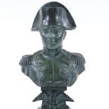 A green patinated metal bust of Napoleon on black marble base, overall height 19cm