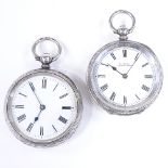 2 Continental silver cased open-face key-wind fob watches, with floral and foliate engraved cases,