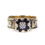 A Georgian unmarked gold enamel and diamond mourning band ring, inscribed inside shank "Sarah P