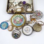 Various silver costume jewellery, including a fob watch, and enamel pendant etc