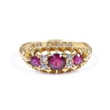 An 18ct gold 7-stone ruby and diamond half-hoop ring, setting height 6.6mm, size M, 2.7g