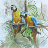 P West, oil on canvas, 2 parrots, 19.5" x 19", unframed
