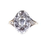 A Victorian unmarked gold rose-cut diamond panel ring, with closed back setting, inscribed inside