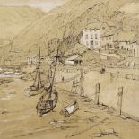 Circle of Samuel Palmer, ink / wash drawing, study of Lynmouth Devon, inscribed verso, 9.5" x 13.5",