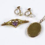 Various gold jewellery, including a 9ct amethyst and pearl heart bar brooch, a pair of pearl