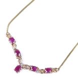 A 9ct gold ruby and diamond necklace, with flat link chain, length 460mm, 4.6g