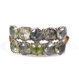 An Antique unmarked gold double-row peridot ring, set with 10 stones, setting height 8.7mm, size