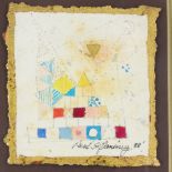 Paul Dominey, mixed media on paper, abstract composition, 1988, 5" x 4.5", framed