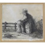 M V Reed, pair of etchings, country scenes, 1929, signed in pencil, plate size 5" x 6", framed