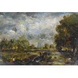 Oil on wood panel in the style of Constable, impressionist view at Dedham Lock, unsigned, 5.5" x 9",