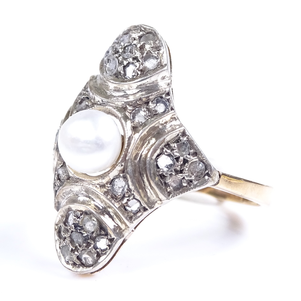 An unmarked gold pearl and rose diamond panel dress ring, panel height 24.5mm, size P, 4.7g - Image 2 of 4