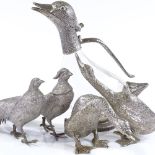 A moulded glass and electroplate duck design claret jug, and 4 various electroplate birds (5)